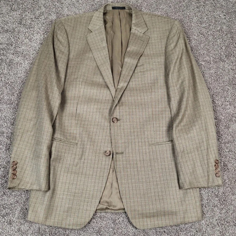 LRL Ralph Lauren Blazer Mens 44L Tan Silk Wool‎ Houndstooth Sport Coat